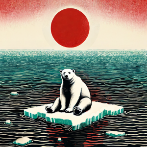 Isbjörn på smältande isflak under röd sol.